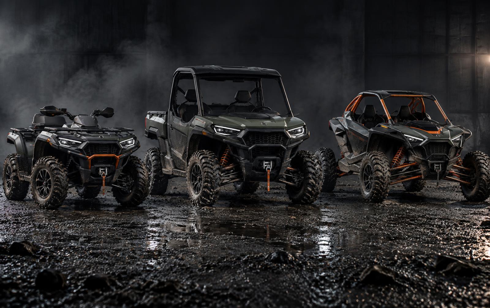 ATV, utility UTV en sportbuggy naast elkaar